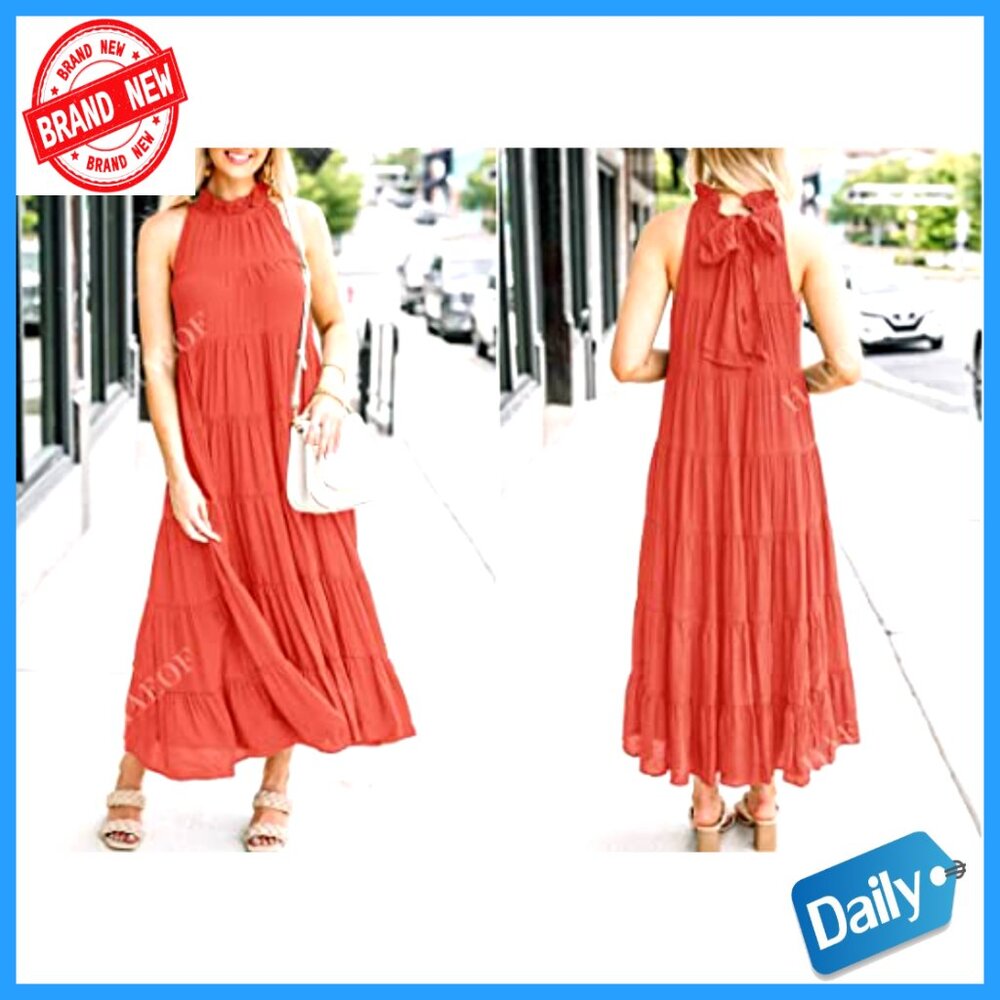 Sleeveless Halter Midi Maxi Dress Loose Fit Pleated Tiered Flowy Boho Beach - Picture 5 of 7